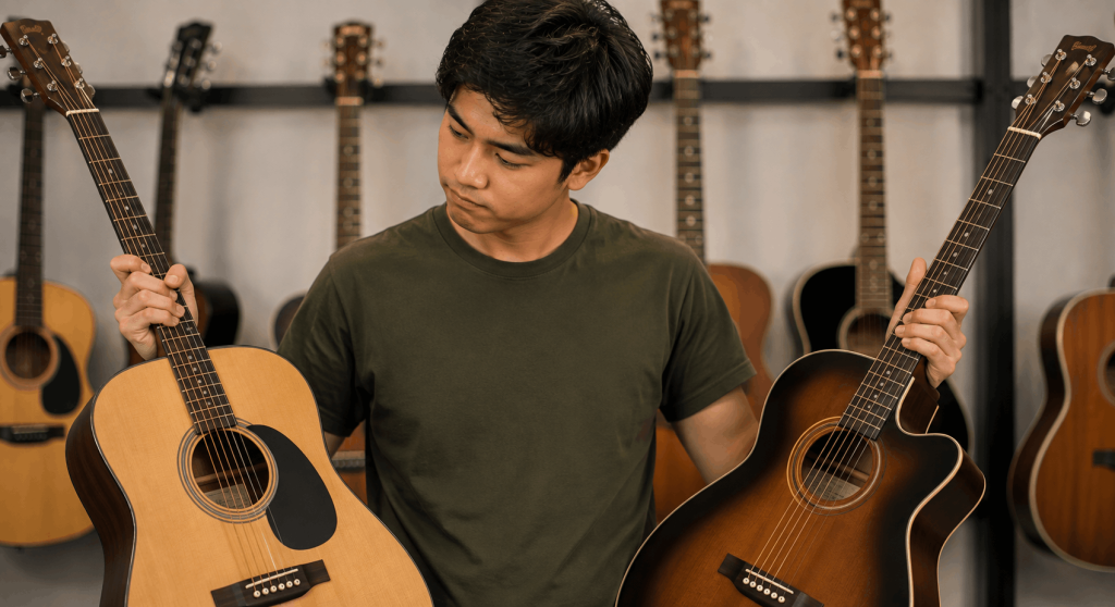 Baguhang gitarista na naghahambing ng dalawang acoustic guitar sa music store bago pumili ng unang gitara.