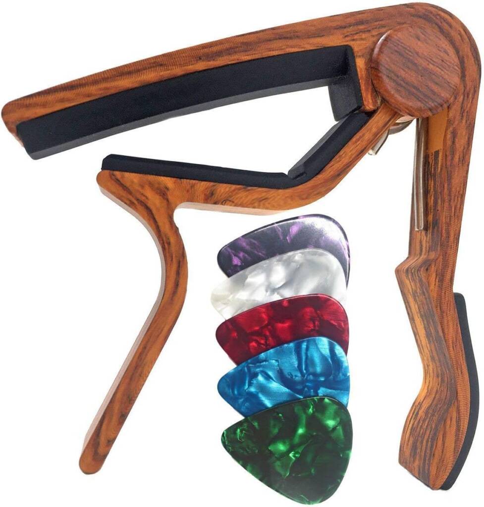 WINGO Guitar Capo in Rosewood Finish with 5 Picks – Quick Release for Acoustic and Electric Guitars