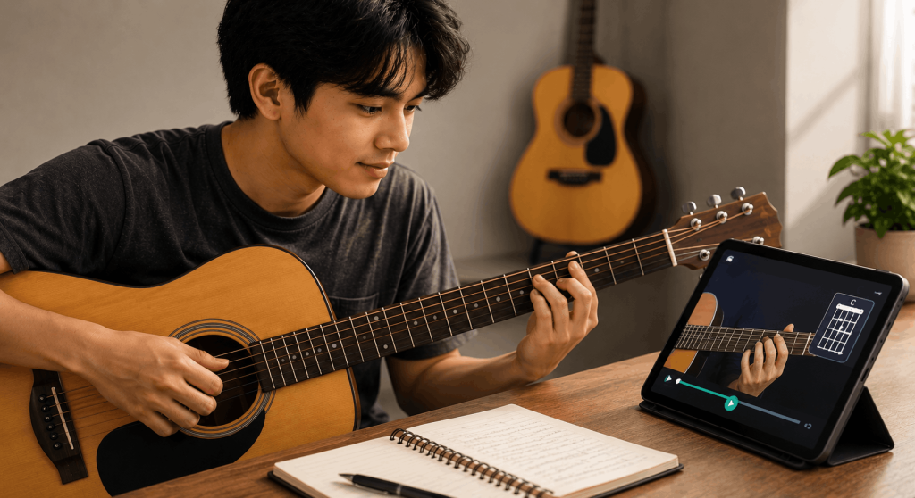 Baguhang gitarista na gumagamit ng learning app sa smartphone habang nagsasanay ng chords sa acoustic guitar.