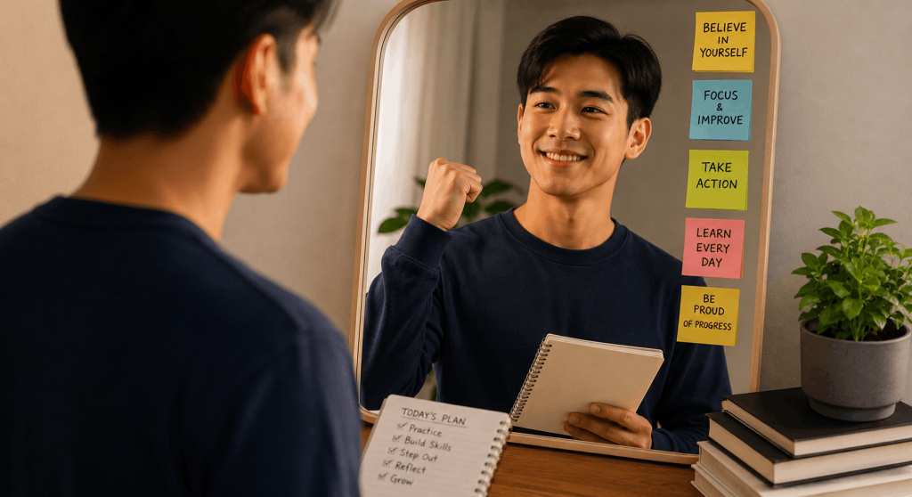 Lalaking nagsasanay ng confidence sa harap ng salamin bilang bahagi ng kanyang personal growth routine.