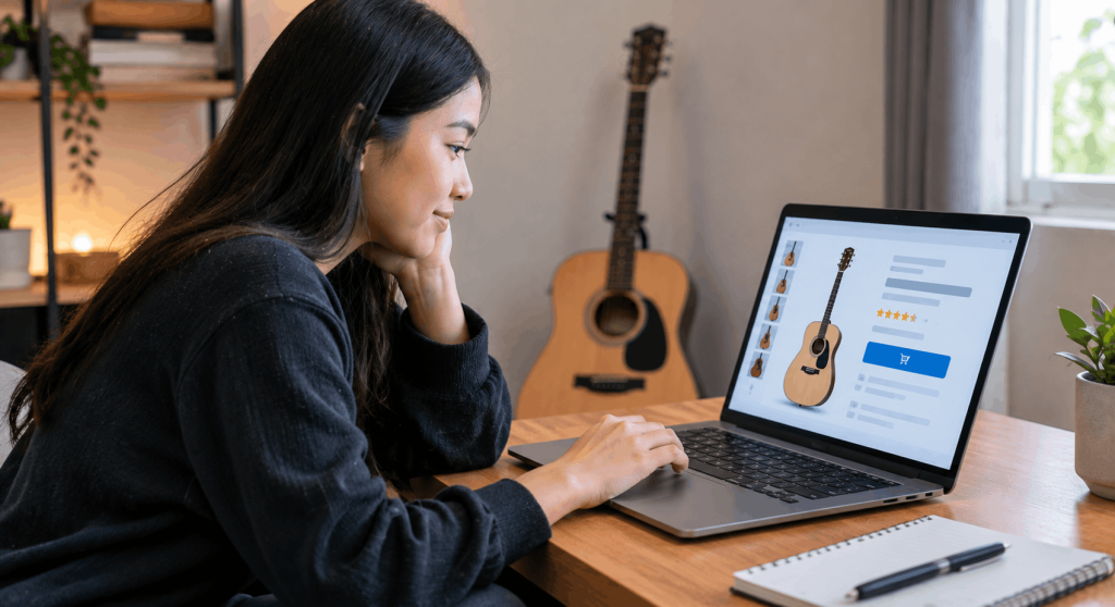 Baguhang gitarista na naghahanap at naghahambing ng acoustic guitar online bago bumili ng unang gitara.