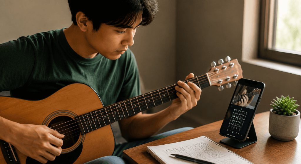 Baguhang gitarista na gumagamit ng libreng guitar learning app sa smartphone habang nagsasanay ng acoustic guitar.