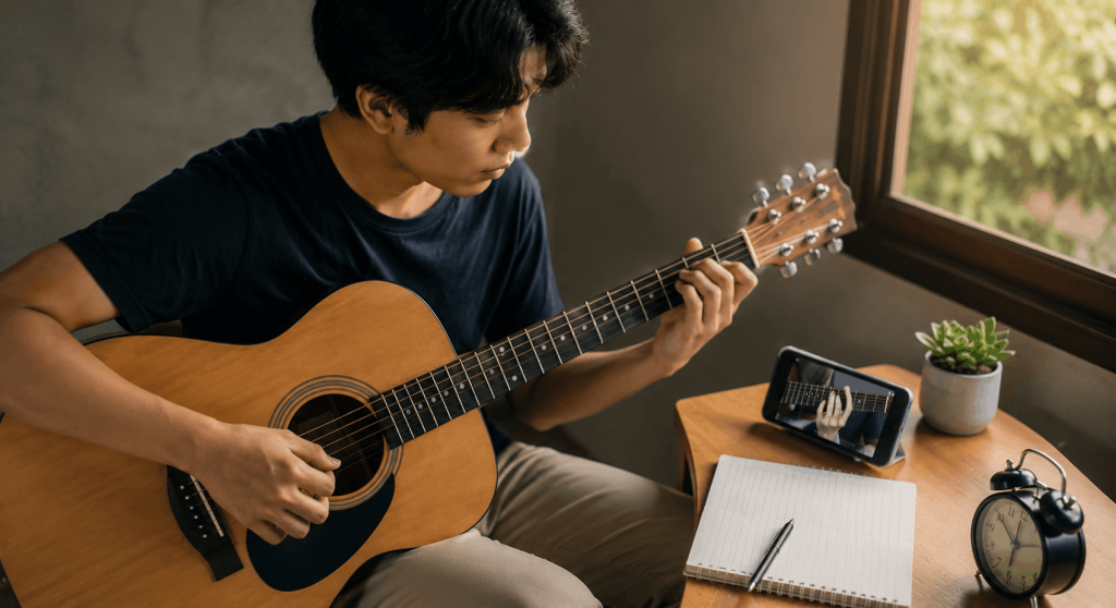 Baguhang gitarista na regular na nagsasanay ng acoustic guitar gamit ang tutorial at practice notes.