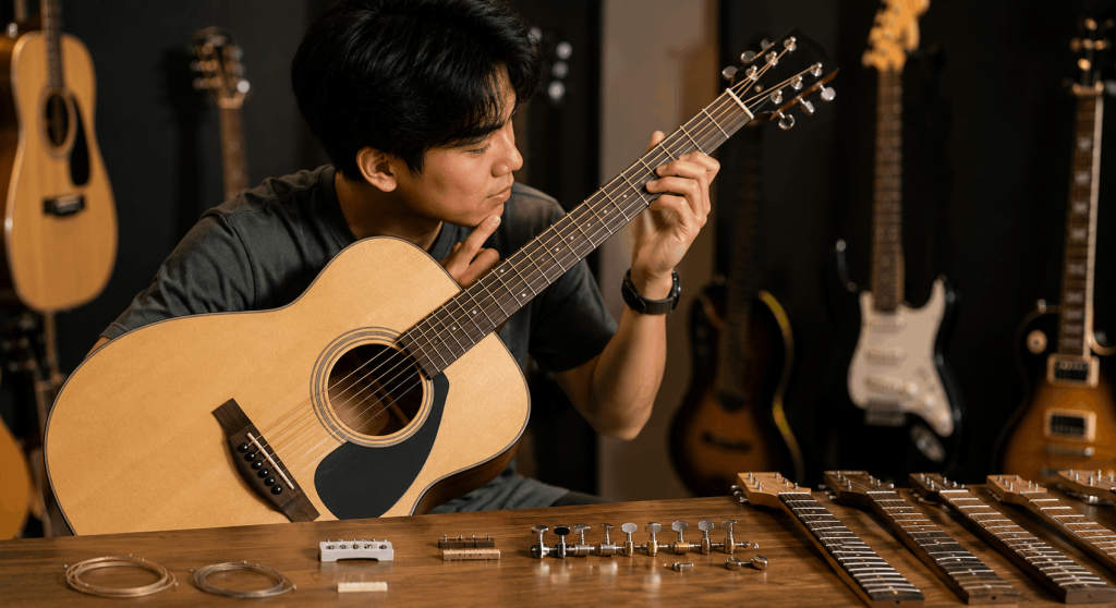 Baguhang gitarista na sinusuri ang neck, frets, strings, at hardware ng acoustic guitar bago bumili.