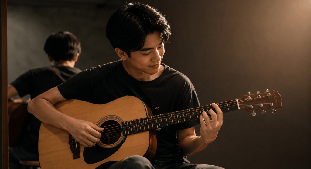 Baguhang gitarista na kumpiyansang nagsasanay ng acoustic guitar sa tahimik at komportableng lugar.