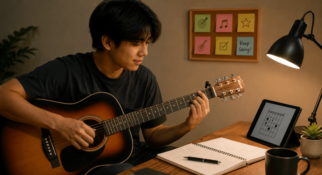 Baguhang gitarista na masayang nagpa-practice gamit ang acoustic guitar, chord guide, at practice notebook.