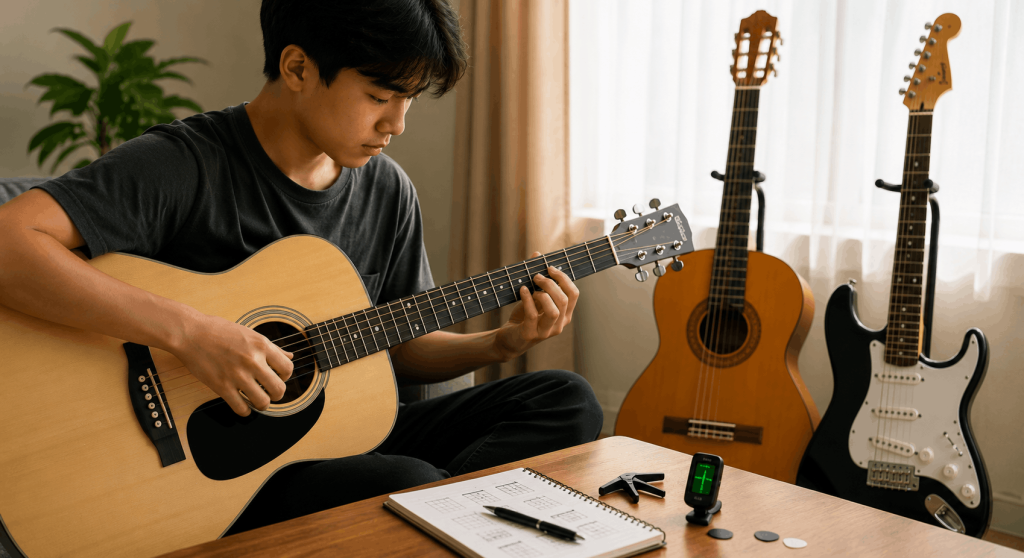Baguhang gitarista na nag-aaral ng chords sa acoustic guitar habang may tuner at iba pang gitara sa tabi.