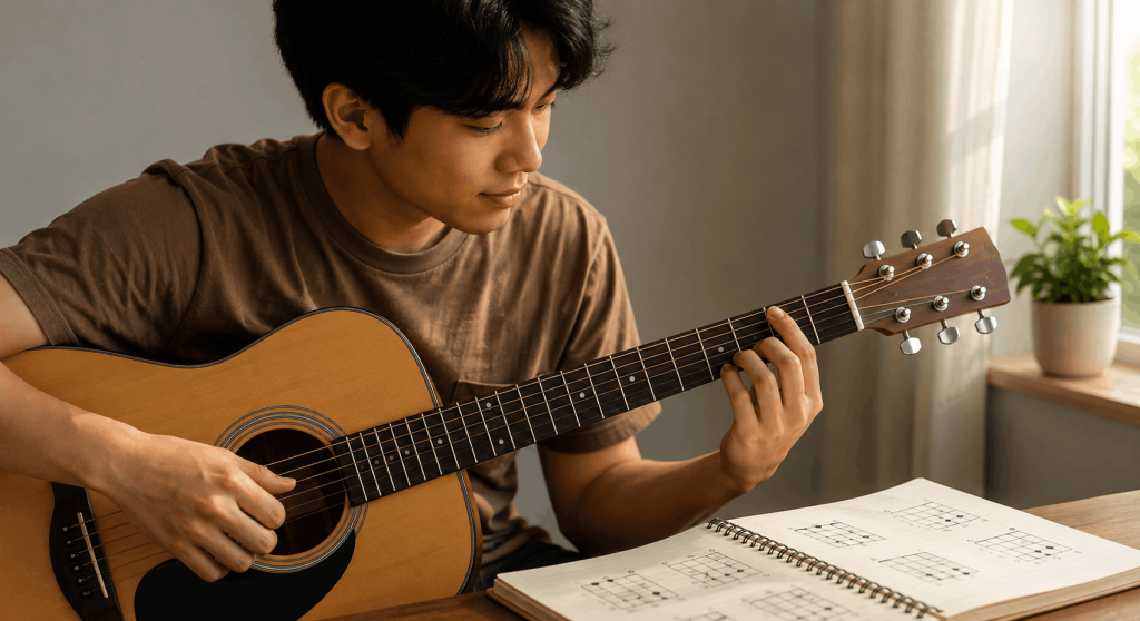 Baguhang gitarista na nagpa-practice ng simpleng kanta at basic chords gamit ang acoustic guitar.