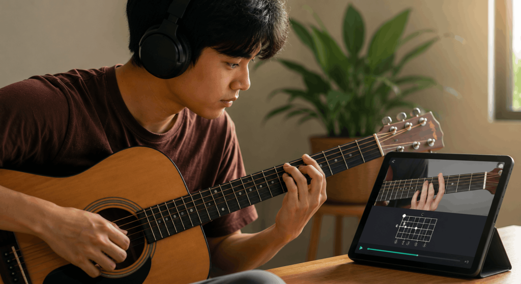 Baguhang gitarista na gumagamit ng guitar learning app sa tablet habang nagsasanay ng acoustic guitar.