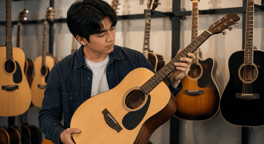 Baguhang gitarista na sinusuri ang acoustic guitar sa music store bago piliin ang kanyang unang gitara.